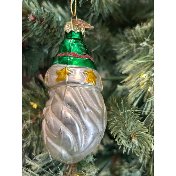 Vintage Thomas Pacconi Santa Ornament Glass Hand-Blown Green Hat Gold Stars Chri - Picture 4 of 5